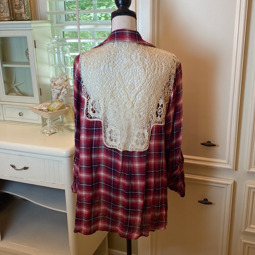 Plaid & Lace Drape Top -Size Medium